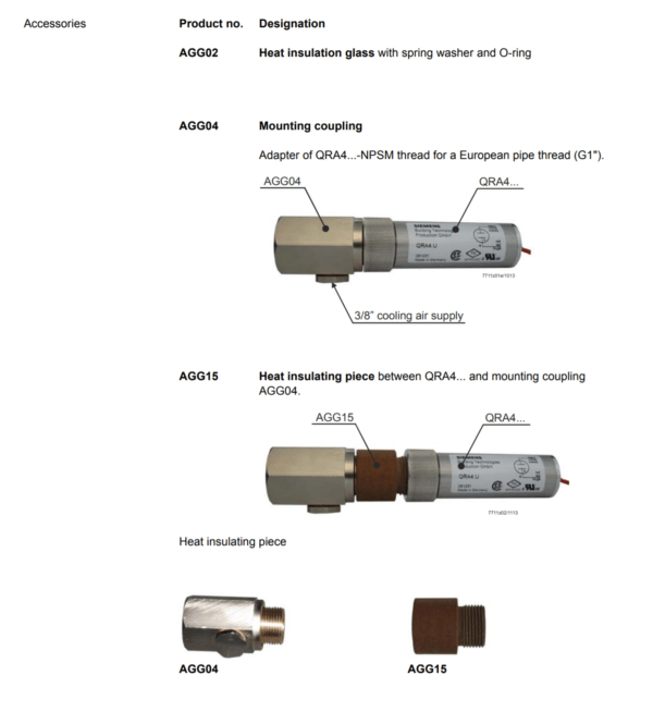 Siemens QRA4 UV Flame Detector Dimensions Accessories